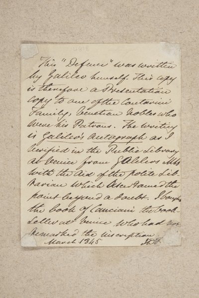 Nota incollata sulla copertina di Difesa, di Galileo, 1845 (penna e inchiostro su carta) da Scottish School